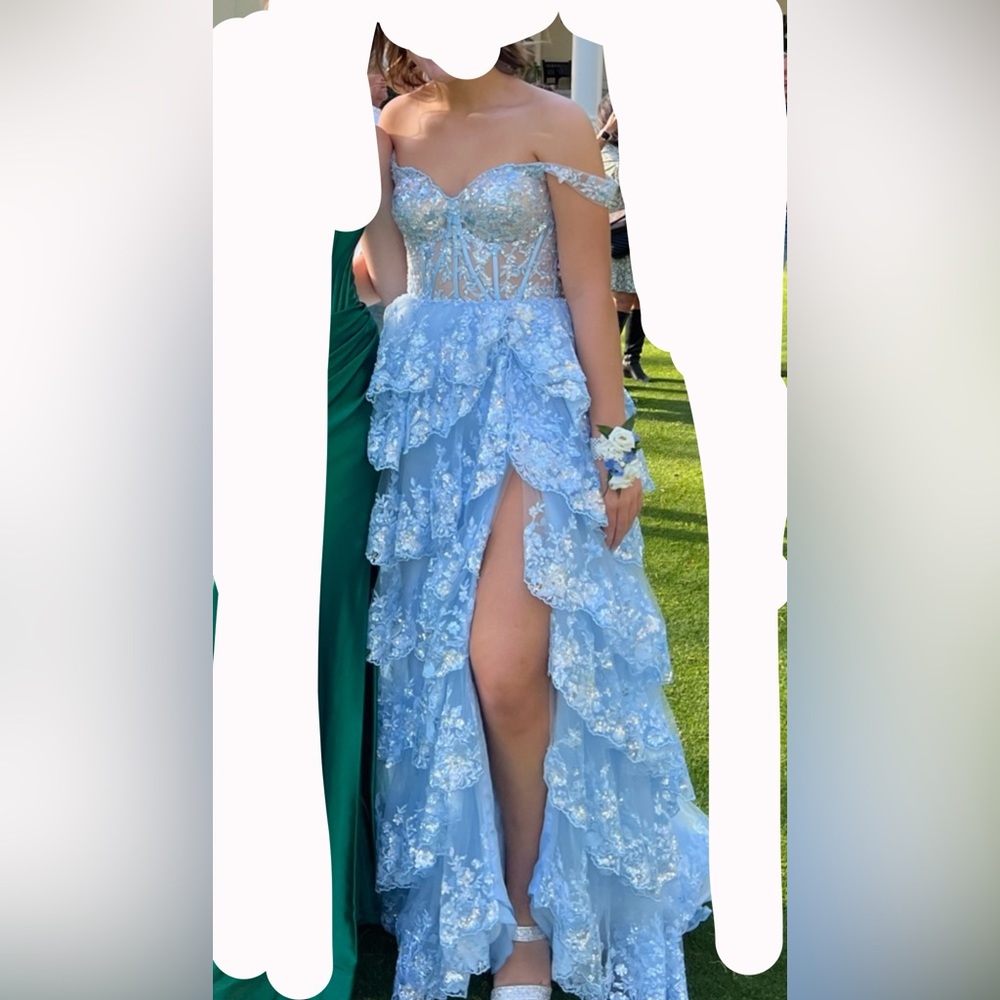 Sherri Hill 55500 in light blue, size 8. Worn once